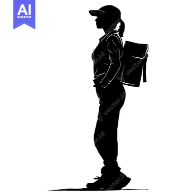 Popular premium asset: Silhouette of a Woman Wearing a Baseball Cap and Backpack