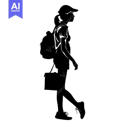 Premium design asset: Silhouette of a Young Woman Walking with a Backpack and a Briefcase