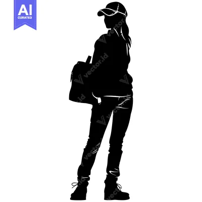 Aset desain premium: Silhouette of a Woman in a Baseball Cap and Backpack