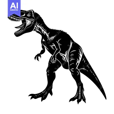 Aset desain premium: Black and White Silhouette of a Roaring Dinosaur