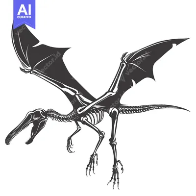 Black and white illustration of a pterosaur skeleton with wings outstr
