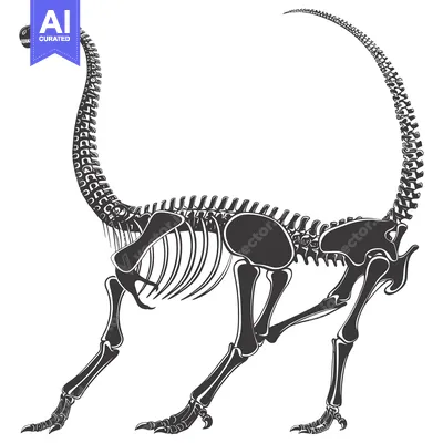 Aset desain premium: Black and White Skeletal Illustration of a Dinosaur