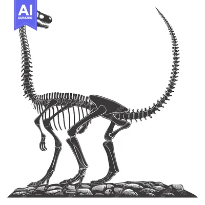 Aset desain premium: Black and White Illustration of a Dinosaur Skeleton
