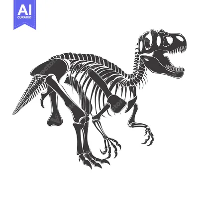 A black and white illustration of a dinosaur skeleton