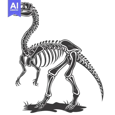 Aset desain premium: Black and White Skeletal Illustration of a Dinosaur