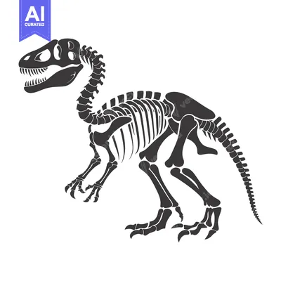 Aset desain premium: Black and white illustration of a dinosaur skeleton