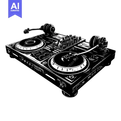 Aset premium populer: Black and White Illustration of a DJ Mixer with Turntables and Headpho