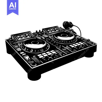 Black and White Illustration of a DJ Mixer with Two Turntables