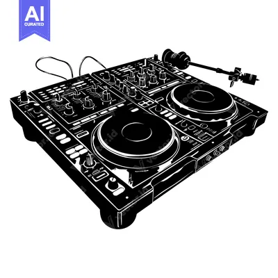 Premium design asset: Black and White Silhouette of a DJ Mixer with Turntables