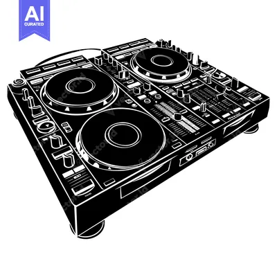 Aset premium populer: Black and White Illustration of a DJ Mixer with Two Turntables