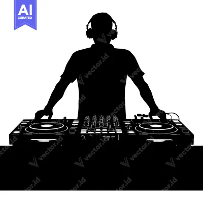 Aset desain premium: Silhouette of a DJ Mixing Music with Headphones and Turntables