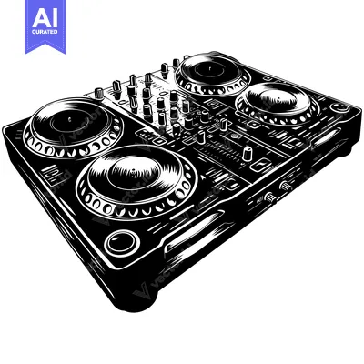 Black and White Illustration of a DJ Mixer with Turntables