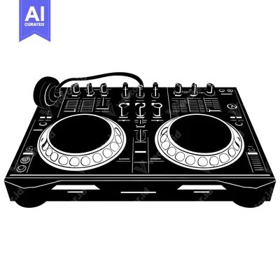 Aset desain premium: Black and White Silhouette of a DJ Mixer with Headphones