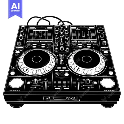 Black and white illustration of a DJ mixer with two turntables