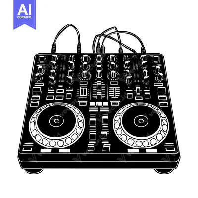 Black and White Illustration of a DJ Mixer with Two Turntables