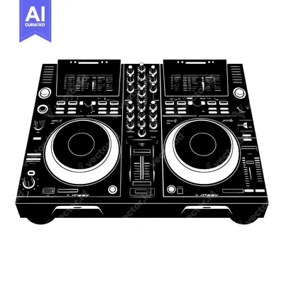 Premium design asset: A Black and White Silhouetted DJ Mixer with Two Turntables