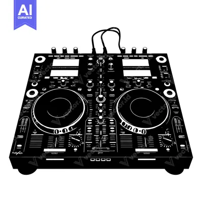 Popular premium asset: Black and White Illustration of a DJ Mixer with Two Turntables