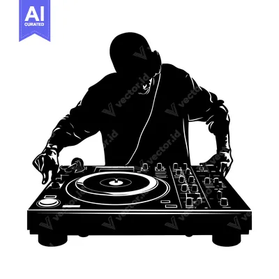 Aset premium populer: Silhouette of a DJ Mixing Music on a Turntable
