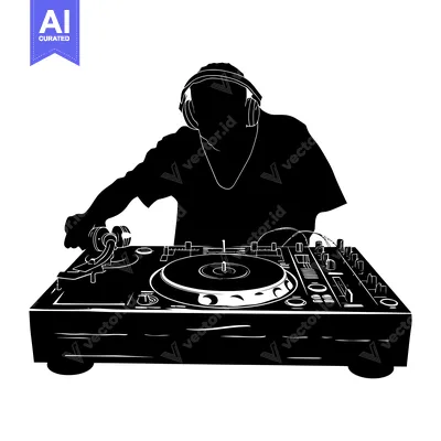 Aset desain premium: Silhouette of a DJ Mixing Music on a Turntable