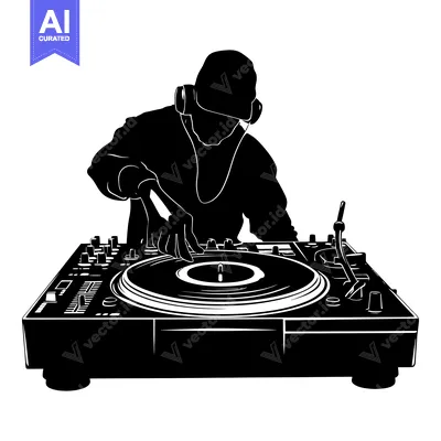 Aset desain premium: Silhouette of a DJ Mixing Music on a Turntable