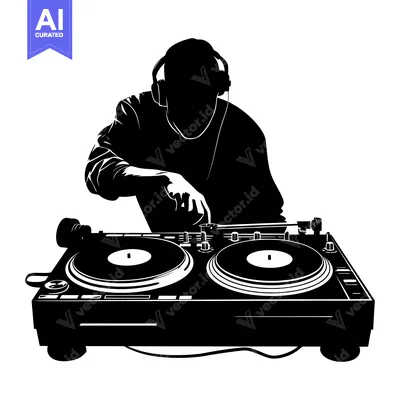 DJ silhouette with headphones mixing on a turntable