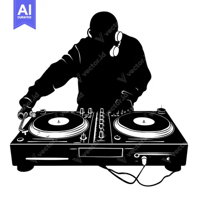 Premium design asset: Silhouette of a DJ with Headphones and Turntables