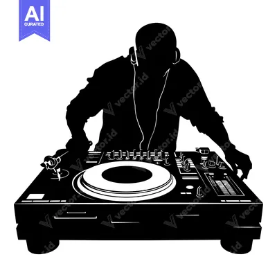 Aset desain premium: Silhouette of a DJ with Headphones Mixing Music on a Turntable