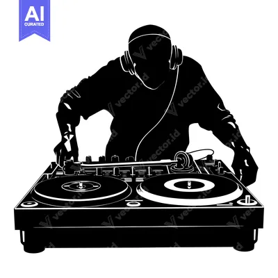 Aset desain premium: Silhouette of a DJ with Headphones Mixing Music on a Turntable