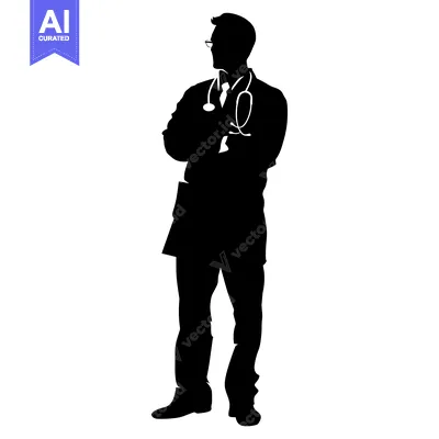 Aset desain premium: Silhouette of a Doctor with Stethoscope and Crossed Arms