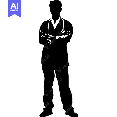 Aset desain premium: Silhouette of a Male Doctor with Crossed Arms and Stethoscope