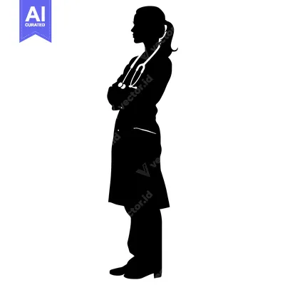 Aset desain premium: Silhouette of a Female Doctor with Stethoscope and Arms Crossed