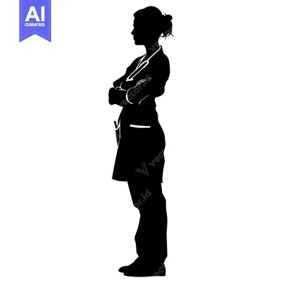 Aset desain premium: Silhouette of a Female Doctor with Stethoscope and Arms Crossed