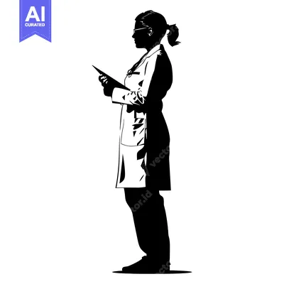 Aset desain premium: Silhouette of a female doctor in a lab coat holding a clipboard