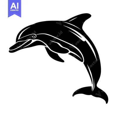 Aset desain premium: Black and White Silhouette of a Dolphin Jumping Out of the Water