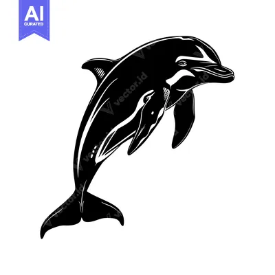 Aset desain premium: Black and White Silhouette of a Dolphin Leaping Out of the Water