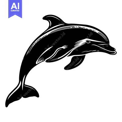 Aset desain premium: Black and White Illustration of a Leaping Dolphin