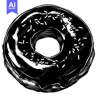 Aset desain premium: Black and White Illustration of a Glazed Donut with Sprinkles