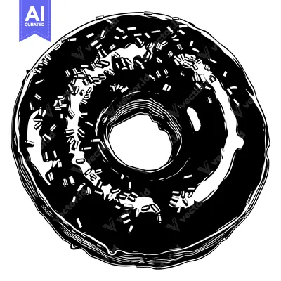 Aset desain premium: Black and White Illustration of a Glazed Donut with Sprinkles