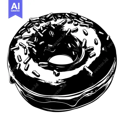 Premium design asset: Black and White Illustration of a Glazed Donut with Sprinkles
