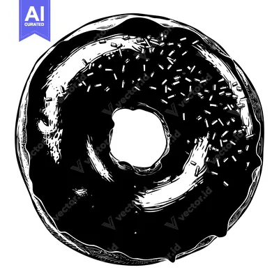 Aset desain premium: Black and White Illustration of a Glazed Donut with Sprinkles