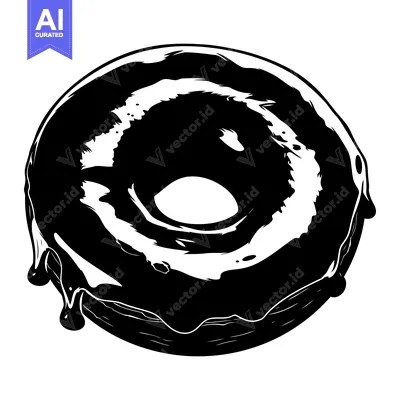 Black and White Illustration of a Glazed Donut with Dripping Icing