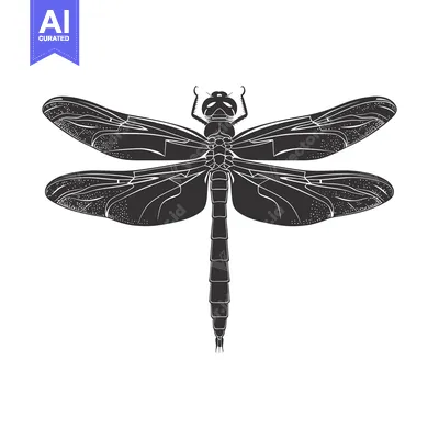 Premium design asset: Black and White Silhouetted Dragonfly with Detailed Wings