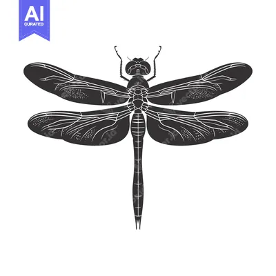 Aset desain premium: Black and White Silhouette of a Dragonfly with Spread Wings
