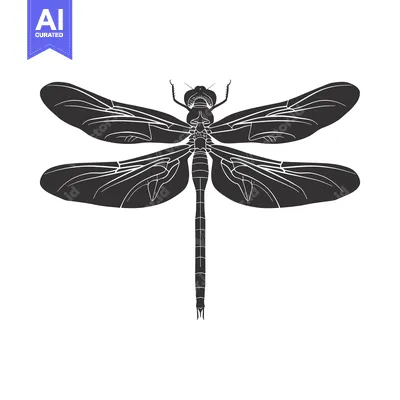 Aset desain premium: Black and White Silhouette of a Dragonfly with Spread Wings