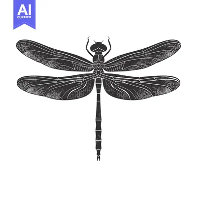 Aset desain premium: Black and white detailed illustration of a dragonfly with spread wings