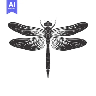 Aset desain premium: Black and White Silhouette of a Dragonfly with Detailed Wings