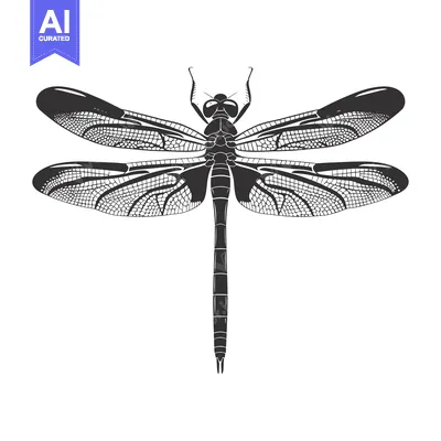 Aset desain premium: Black and white illustration of a dragonfly with detailed wings