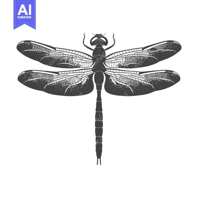 Aset desain premium: Black and White Illustrated Dragonfly with Detailed Wings