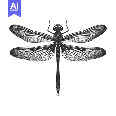 Aset desain premium: Black and White Line Drawing of a Dragonfly