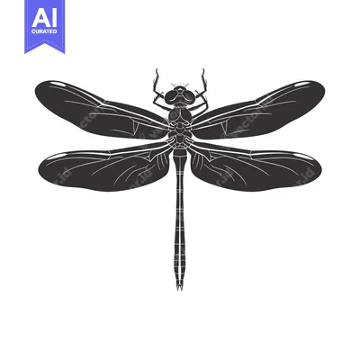 Aset desain premium: Black and White Silhouette of a Dragonfly with Spread Wings